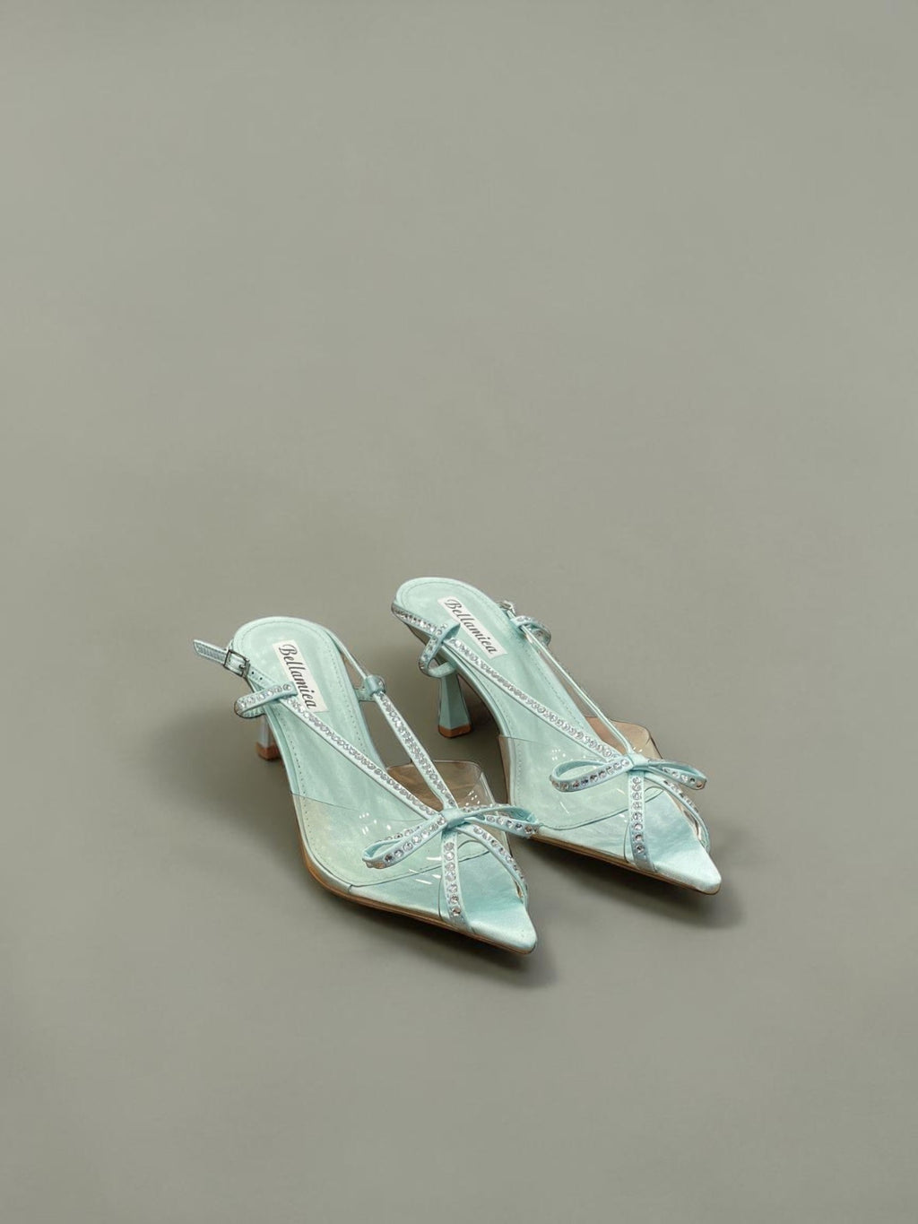 Day One Concept Store aquamarine slingback sandals with crystal embellishments and clear PVC straps. Stiletto heel.