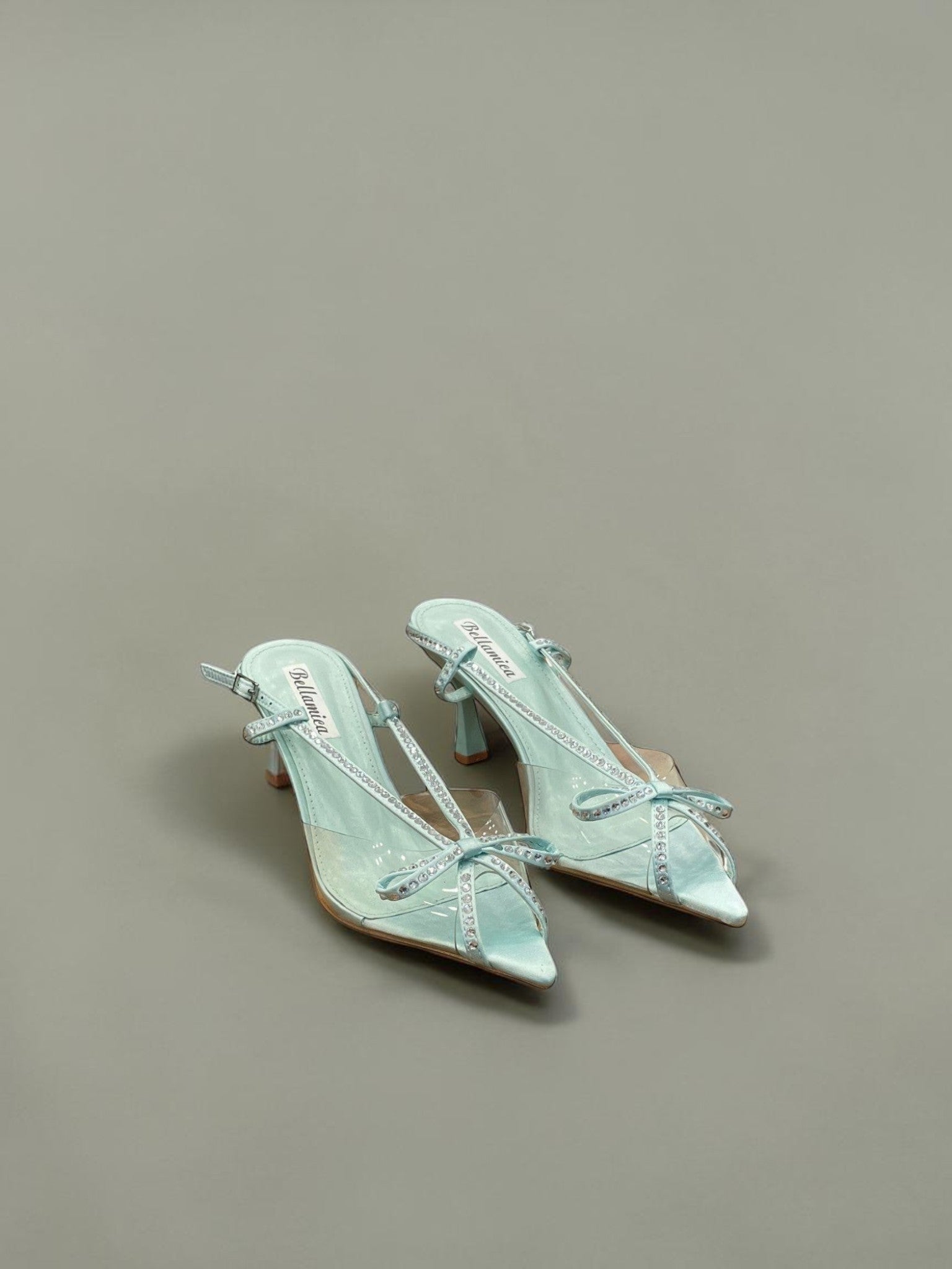 Day One Concept Store aquamarine slingback sandals with crystal embellishments and clear PVC straps. Stiletto heel.
