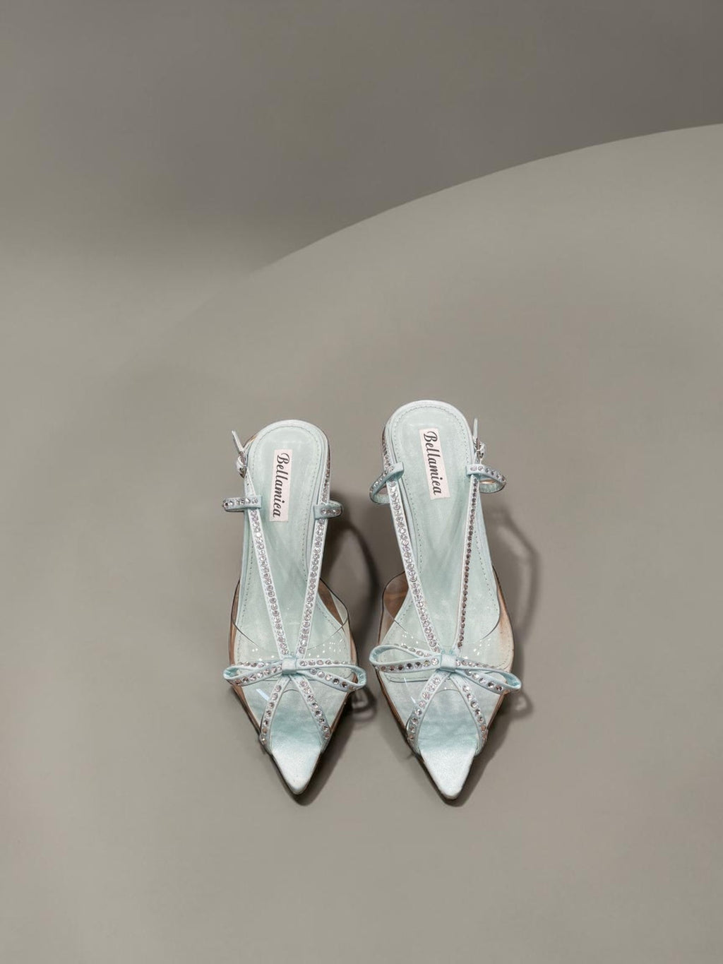 Day One Concept Store aquamarine slingback sandals with crystal embellishments and clear PVC straps.