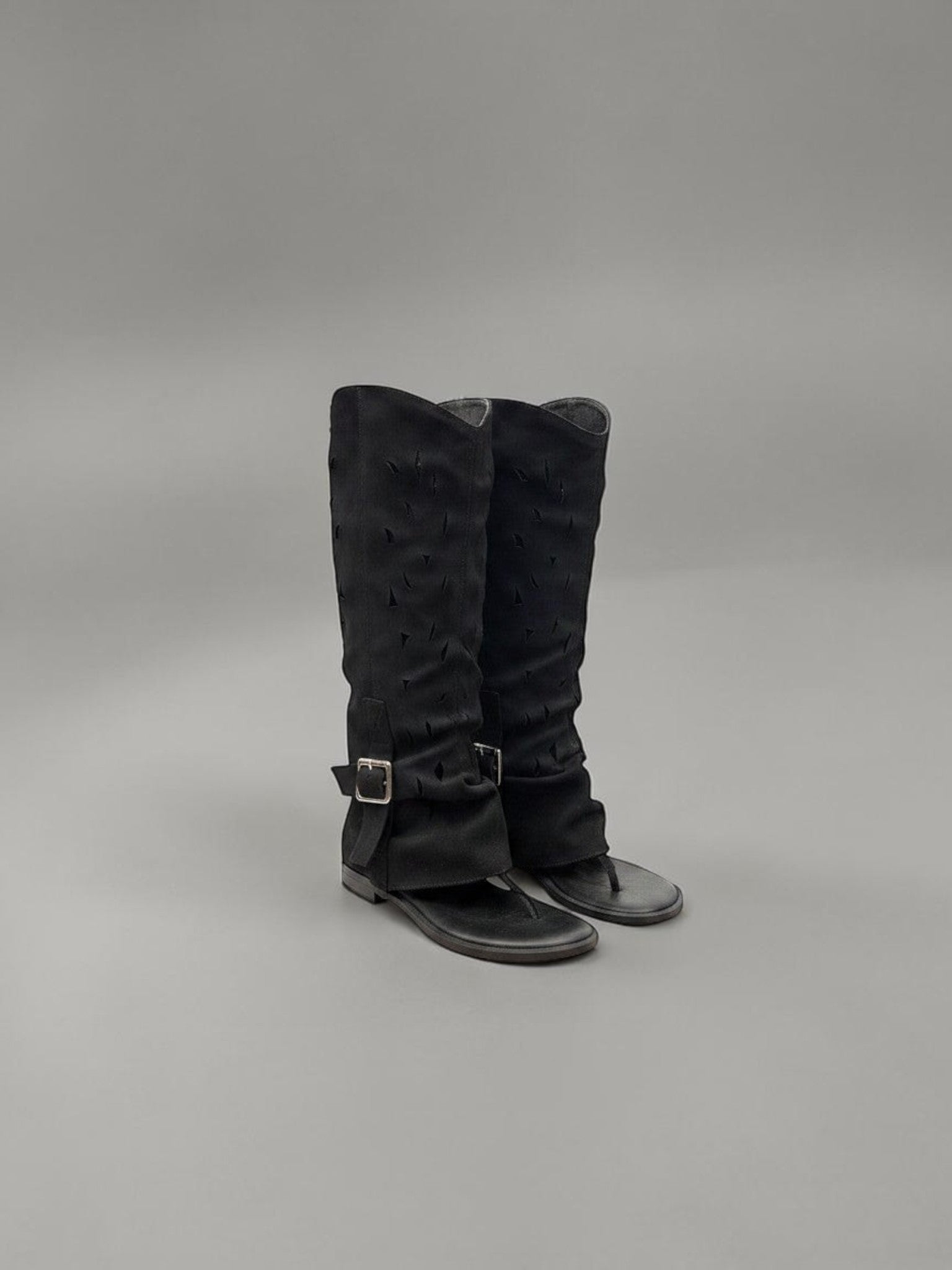 Day One Concept Store black suede gladiator sandals with buckle detail and cut-out design