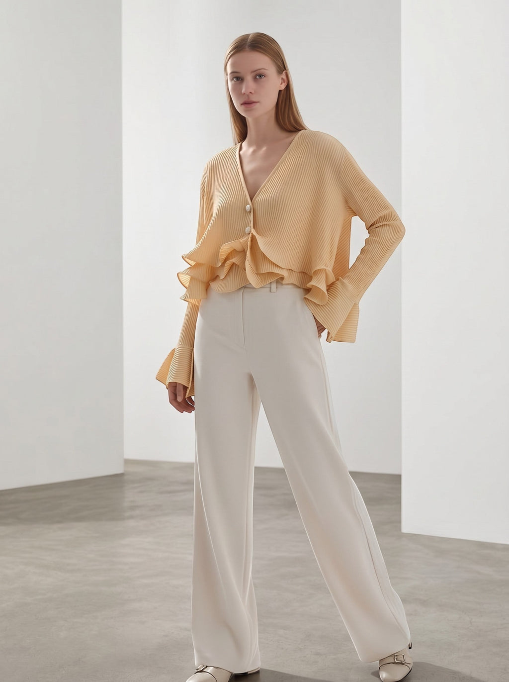 Day One Concept Store peach pleated V-neck blouse with pearl buttons and ruffled tiered hem and flared sleeves.
