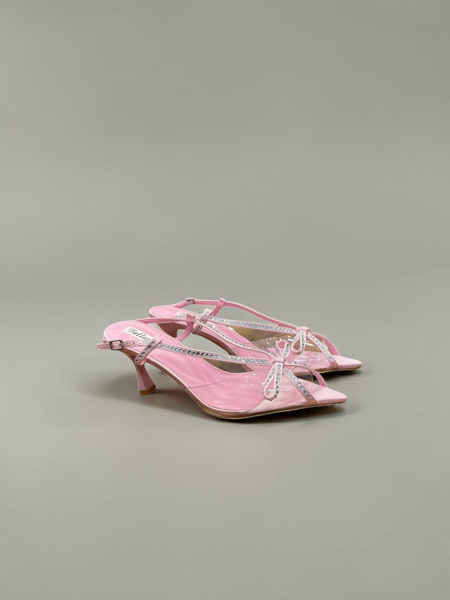 Day One Concept Store pink slingback sandals with bow and rhinestone details, kitten heel, and pointed toe.
