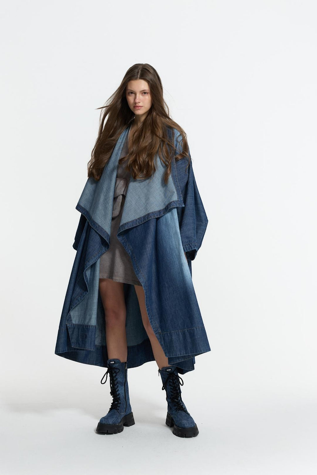 Day One Concept Store bicolour denim maxi duster coat with waterfall collar and wide sleeves, worn by a model.