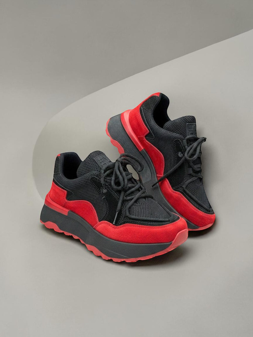 Day One Concept Store black and red chunky sneakers with platform sole and #VDR logo detail.