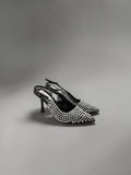 Day One Concept Store black slingback heels with pointed toe and rhinestone embellishments, adjustable ankle strap.