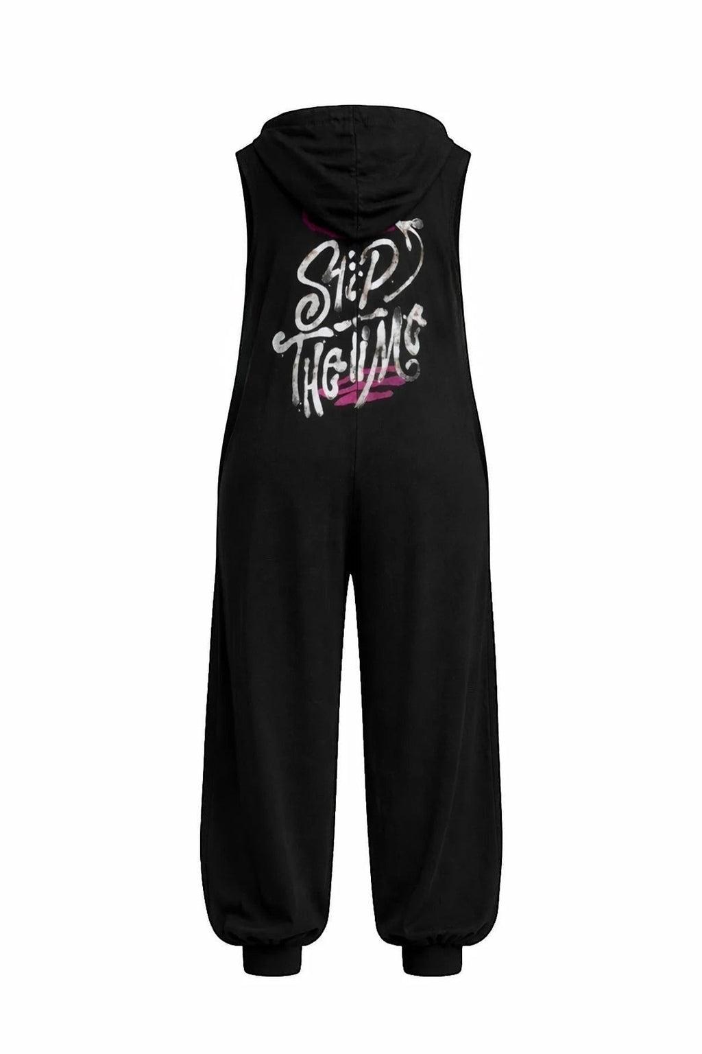 Day One Concept Store black sleeveless wide-leg jumpsuit with graphic print on back and hood.