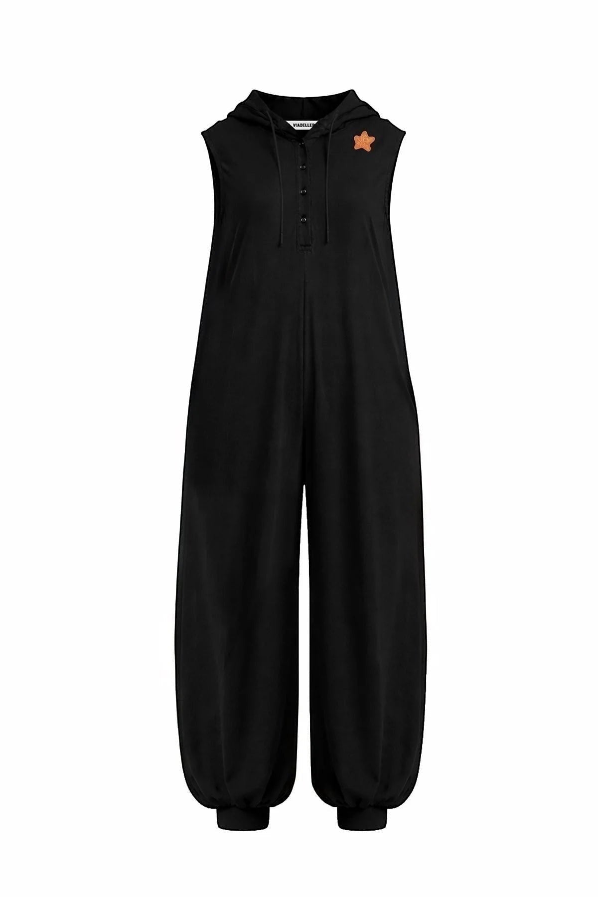 Day One Concept Store black sleeveless wide-leg jumpsuit with hood and star detail