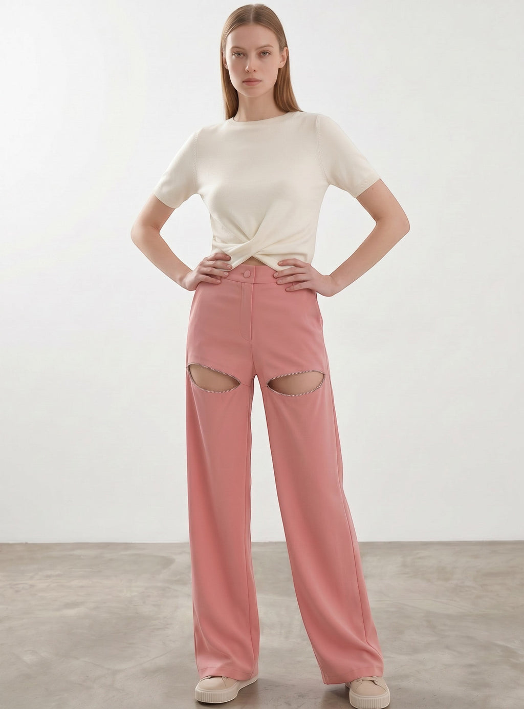 Day One Concept Store coral wide-leg trousers with cut-out detail and rhinestone trim, high-waisted.