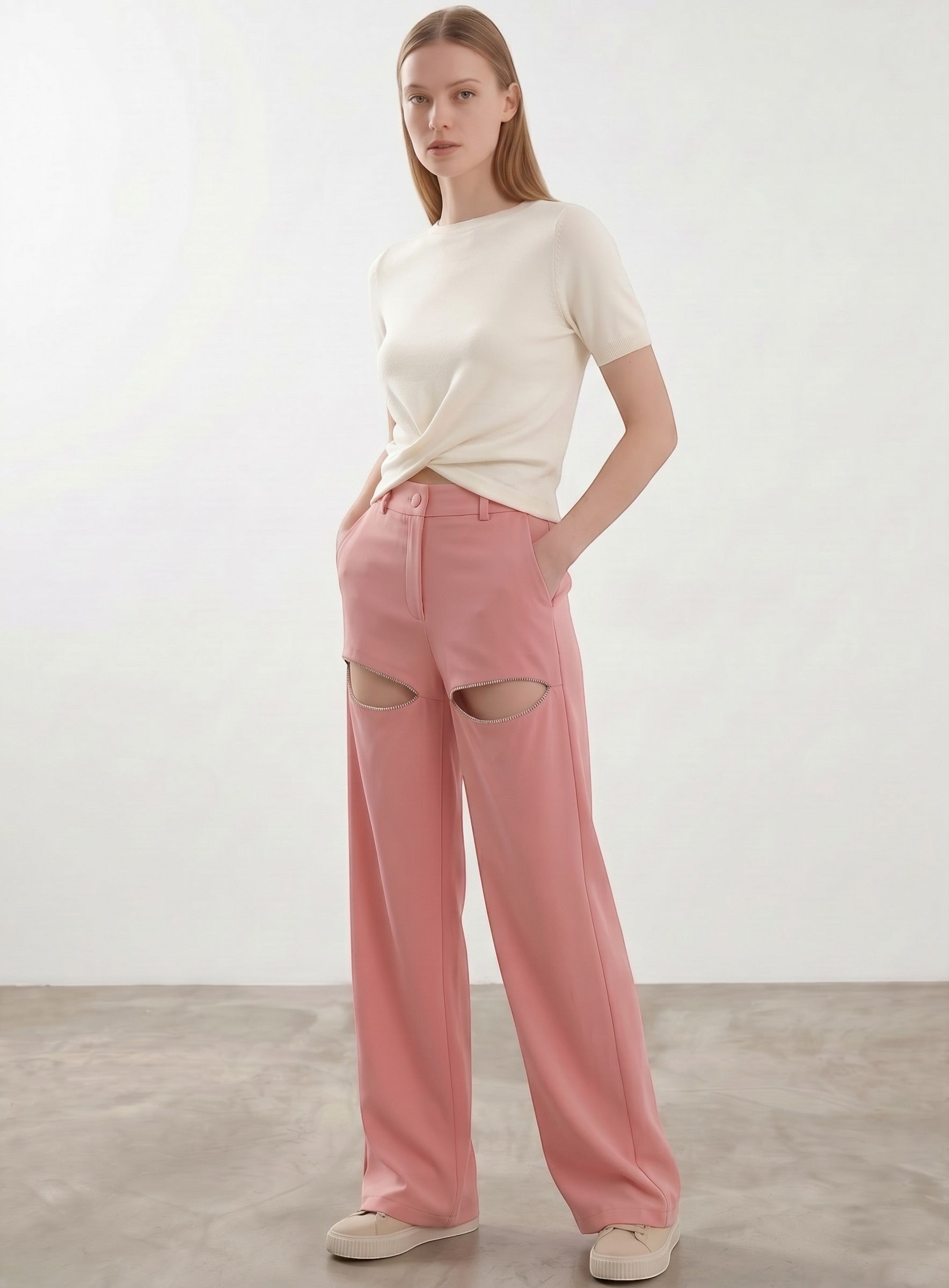 Day One Concept Store coral wide-leg trousers with cut-out details and rhinestone trim, high-waisted, fluid fabric.