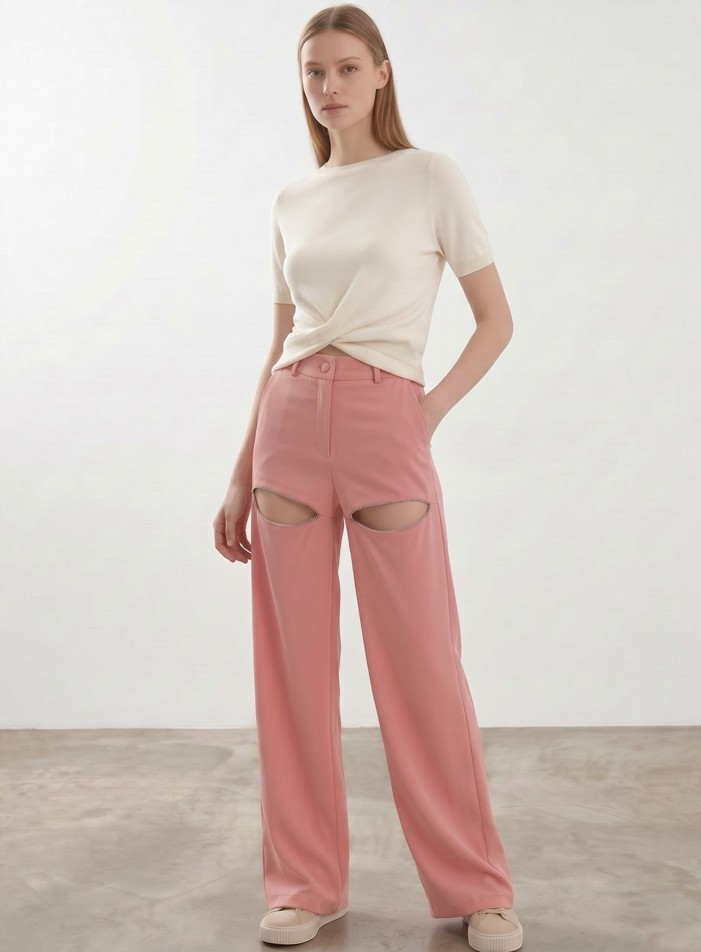 Day One Concept Store coral wide-leg trousers with cut-out detail and rhinestone trim, high-waisted.