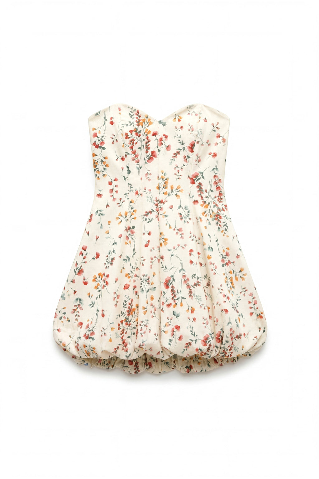 Day One Concept Store cream strapless mini dress with sweetheart neckline and floral print, balloon hem