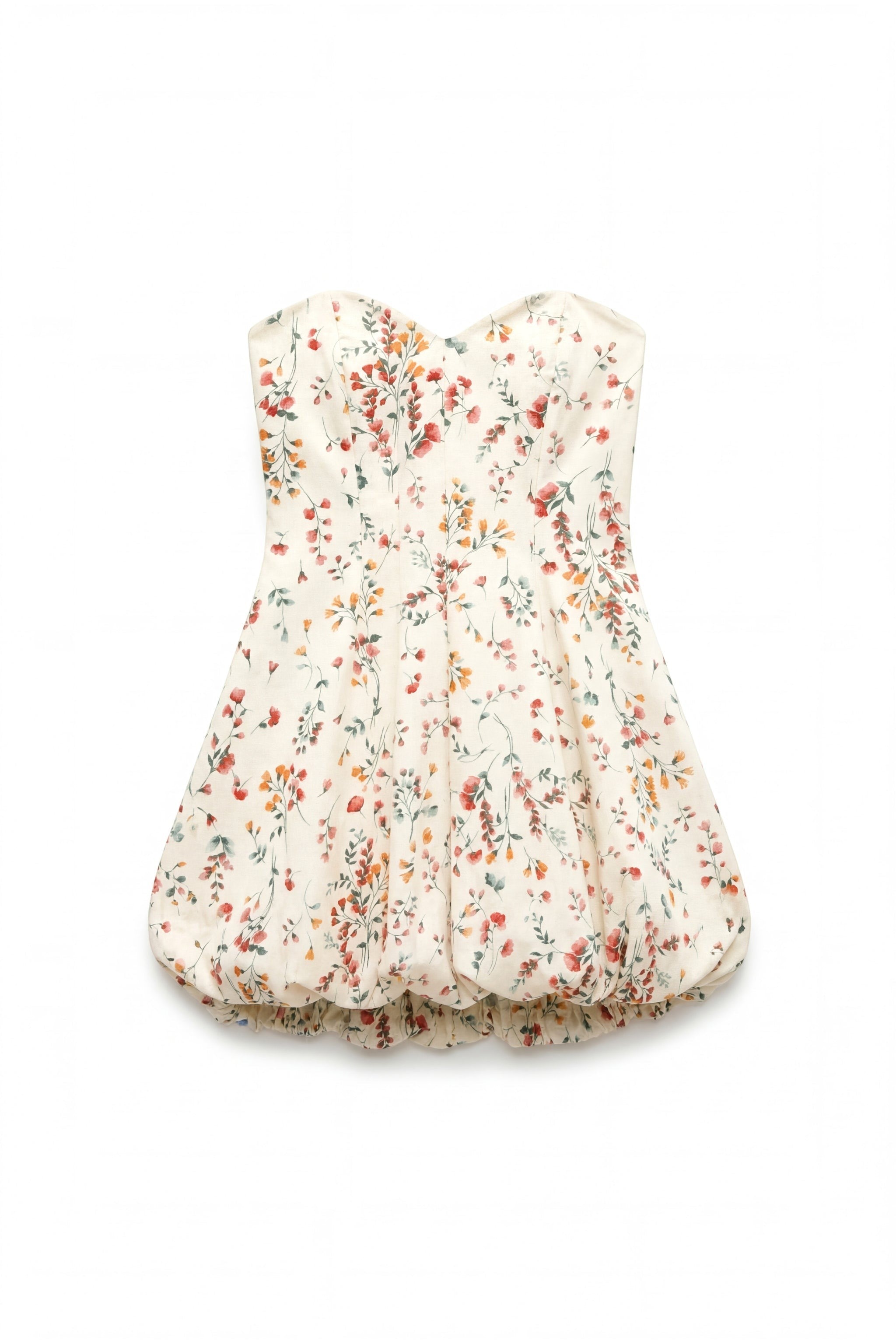 Day One Concept Store cream strapless mini dress with sweetheart neckline and floral print, balloon hem
