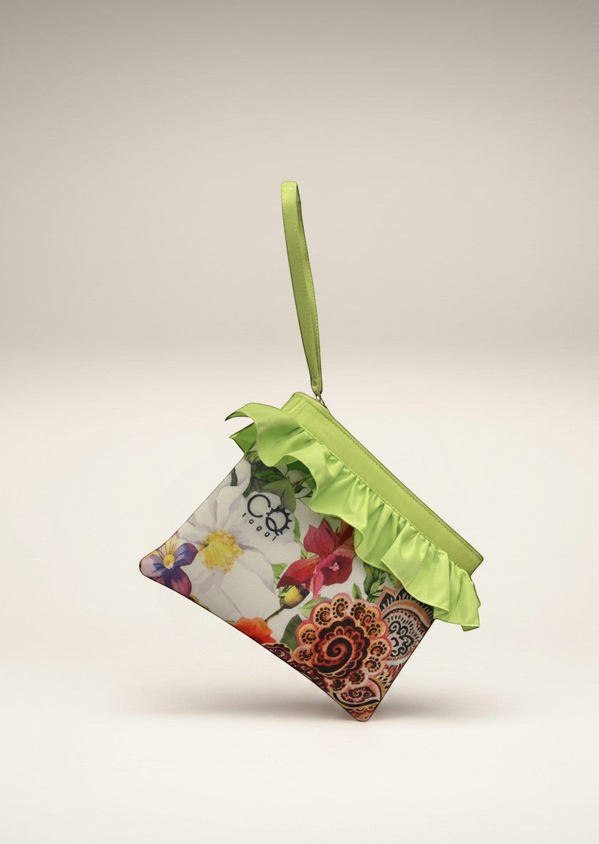 Day One Concept Store floral print clutch with lime green frill trim and wrist strap. Features paisley details.