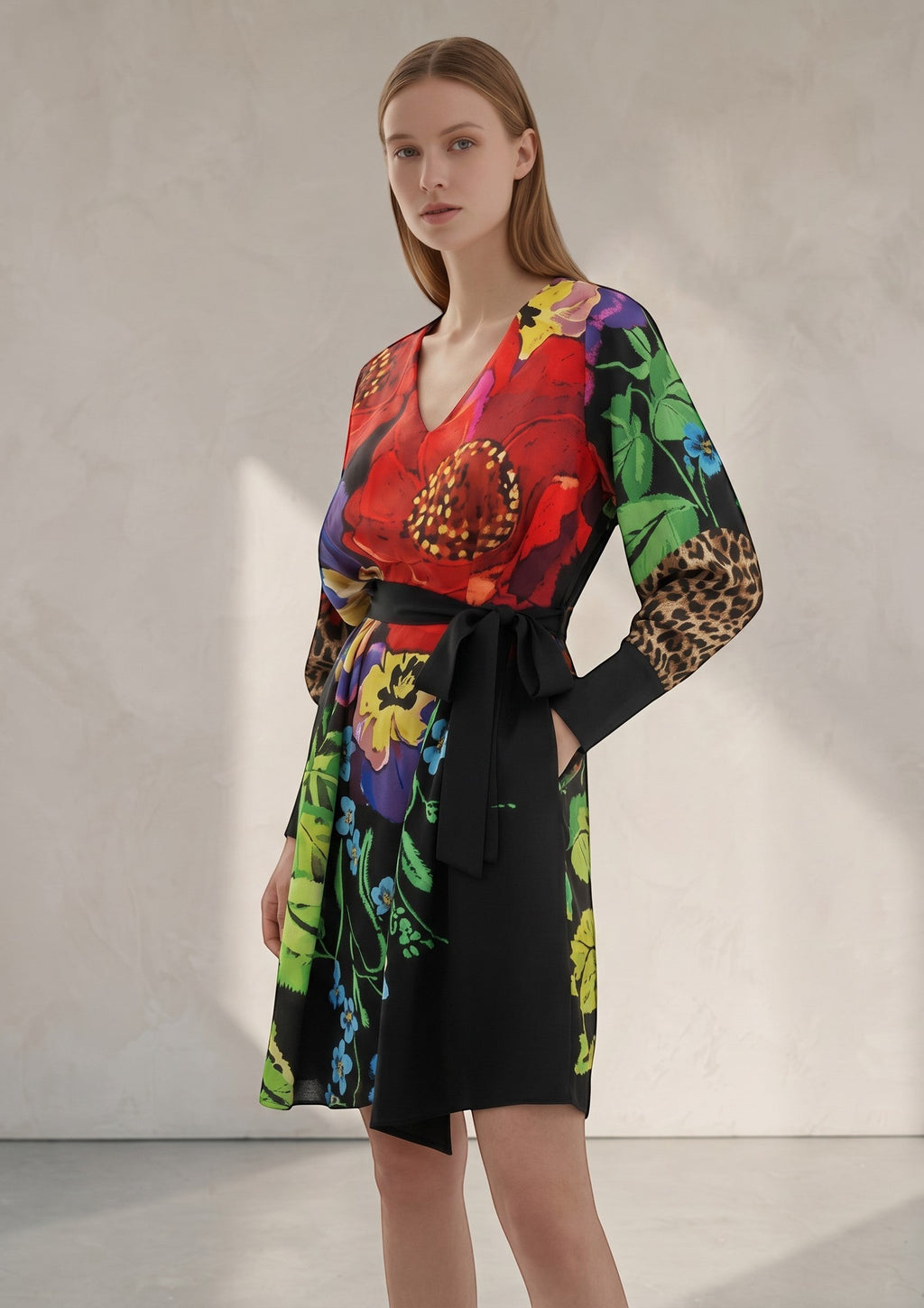 Day One Concept Store women's wrap dress with floral print, leopard sleeves, V-neck, and black tie belt.