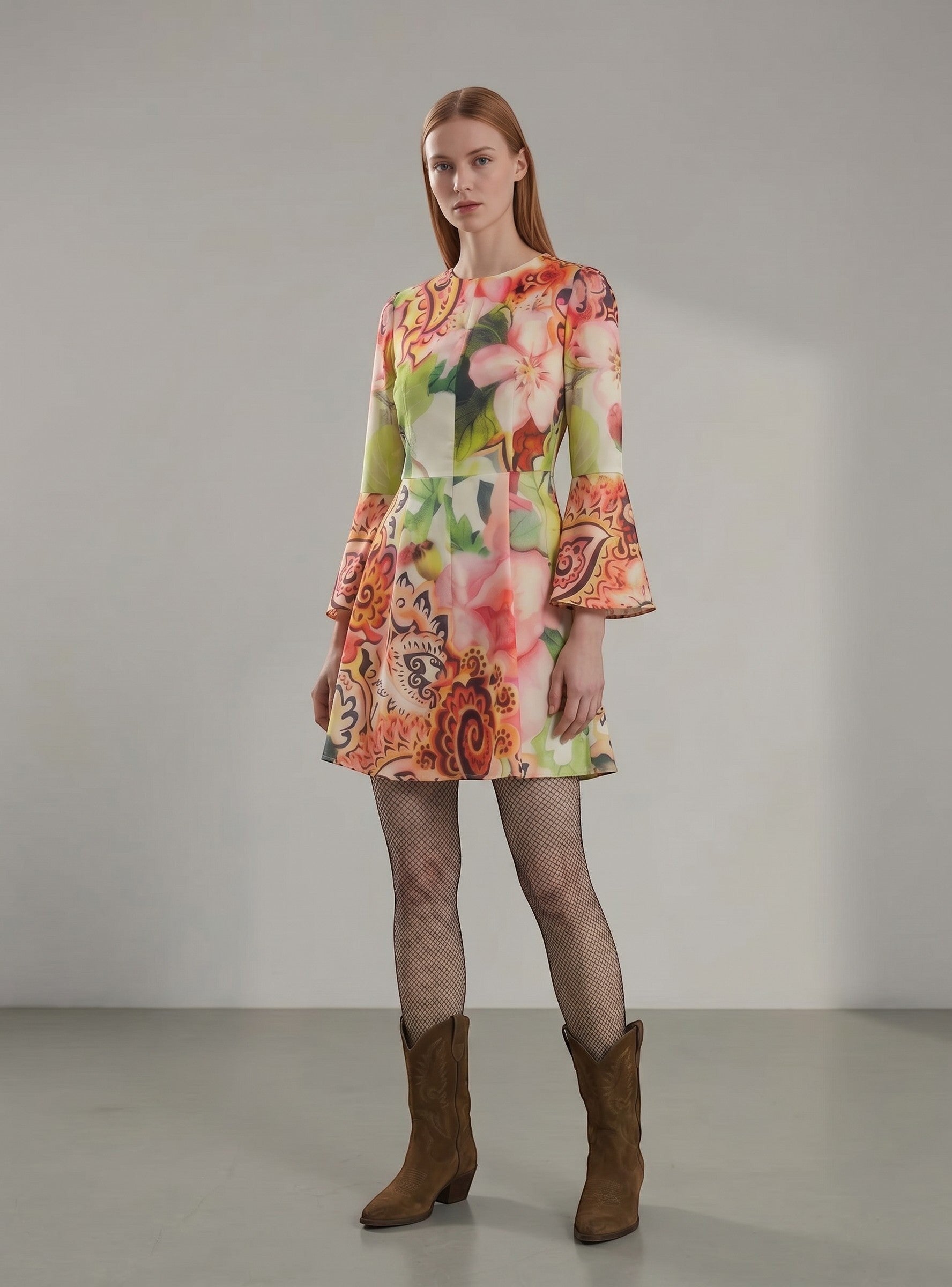 Day One Concept Store mini dress with vibrant floral and paisley print, featuring bell sleeves and an A-line silhouette.