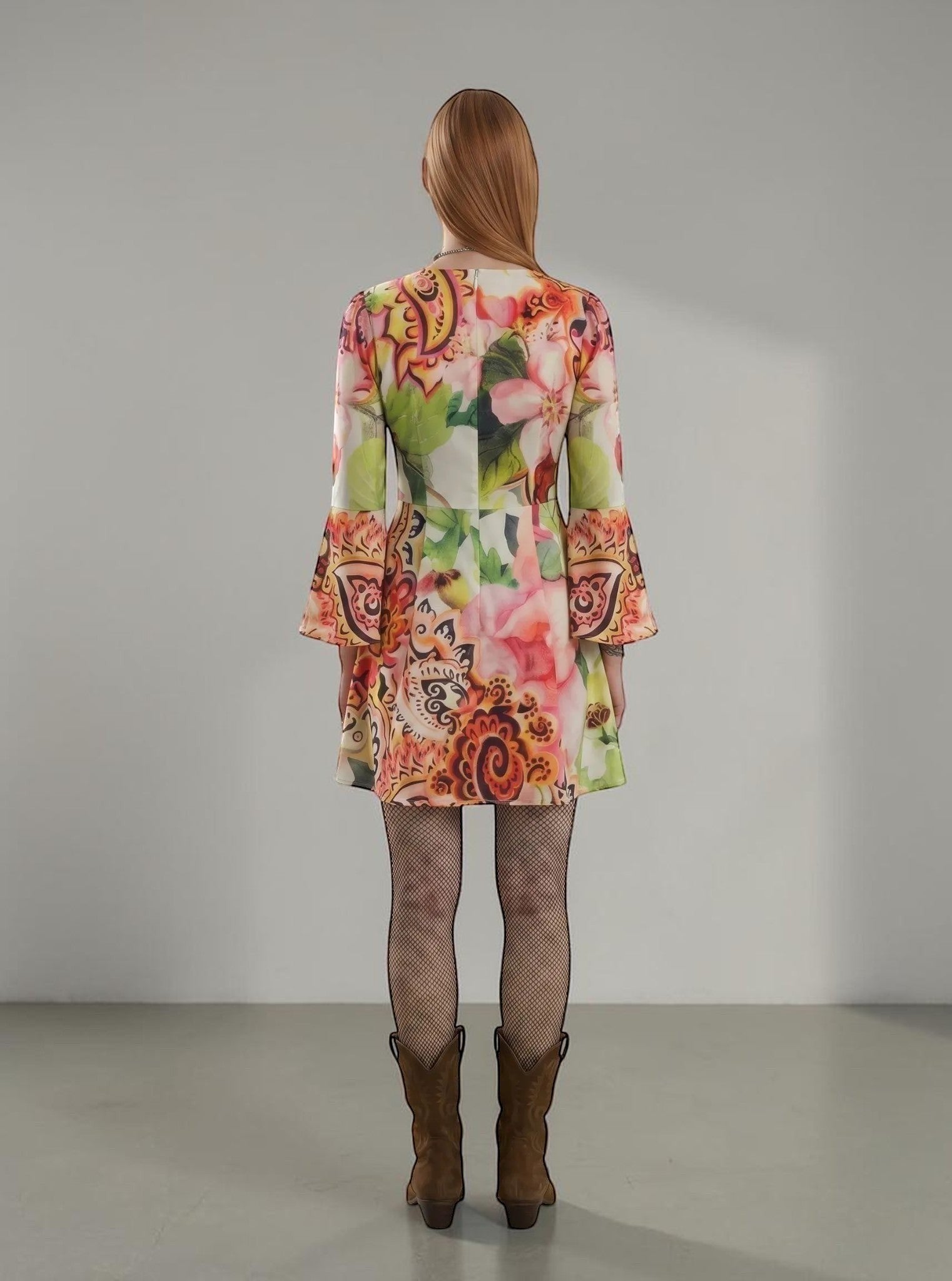 Day One Concept Store vibrant floral and paisley print mini dress with bell sleeves and A-line silhouette.