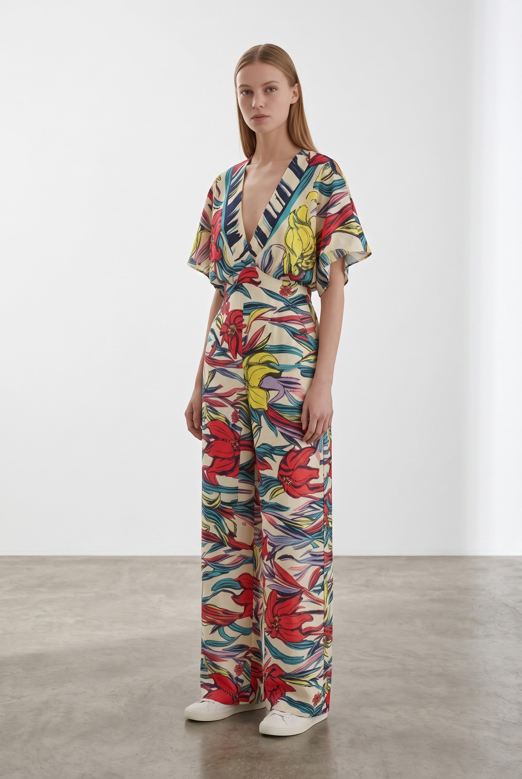 Day One Concept Store cream wide-leg jumpsuit with abstract floral print in red, yellow, and blue, V-neck, and kimono sleeves.