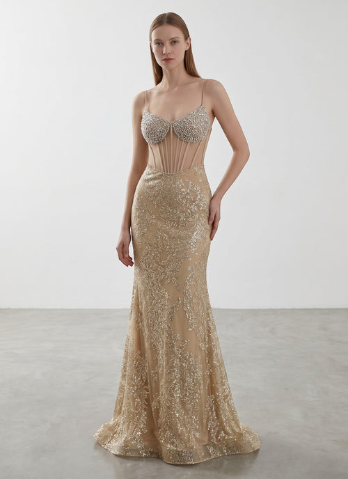Day One Concept Store gold sequin and bead-embellished corset mermaid evening gown with sweetheart neckline and thin straps.