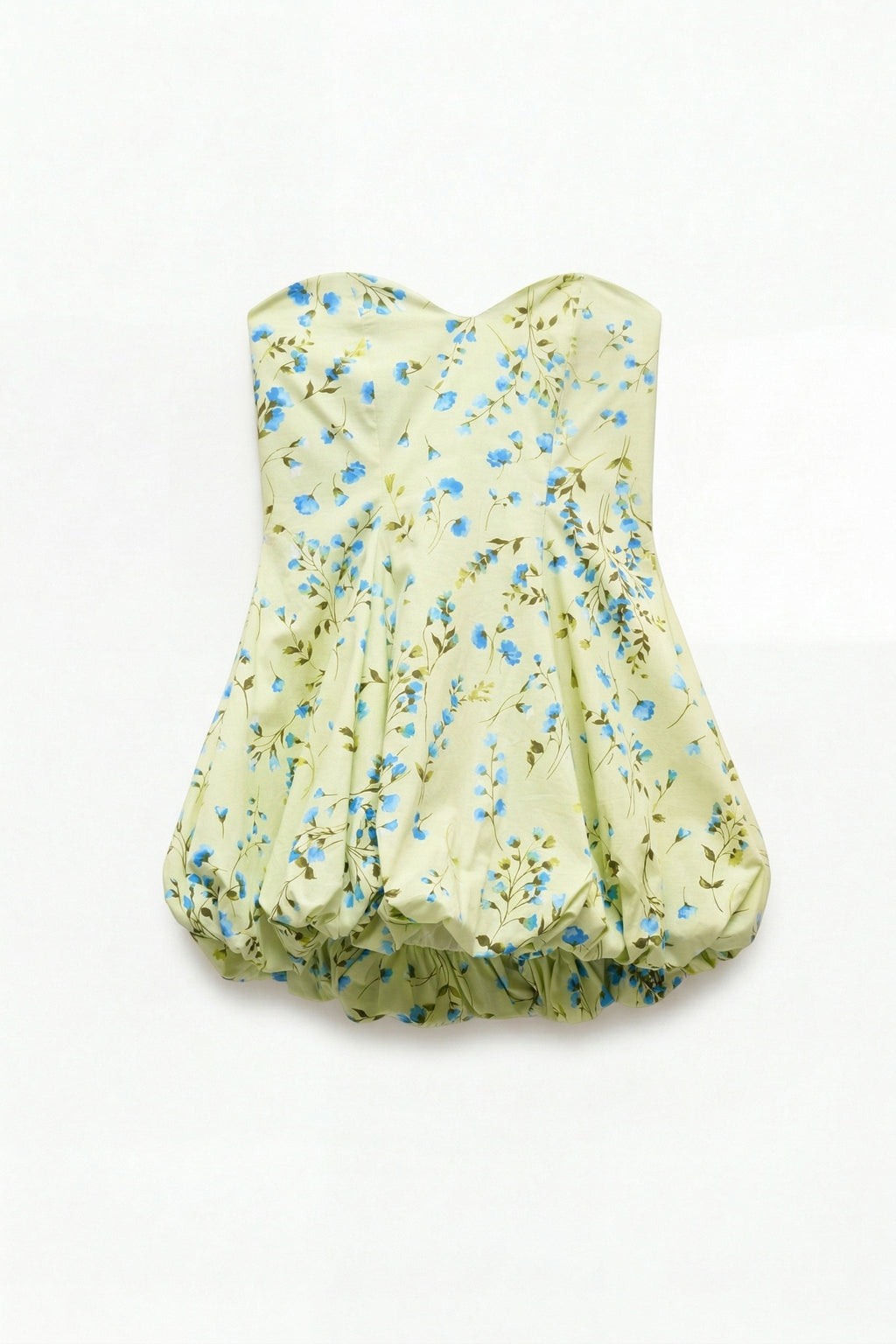 Day One Concept Store light green strapless balloon mini dress with blue floral print and sweetheart neckline.
