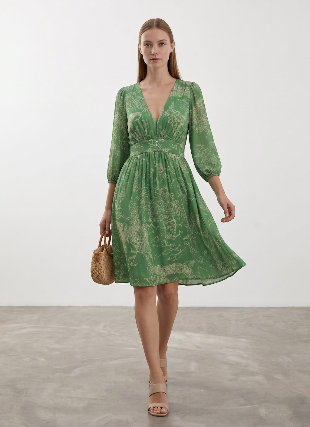 Day One Concept Store green midi dress with V-neck, button detail, cinched waist, and voluminous sleeves. Features a playful all-over print.