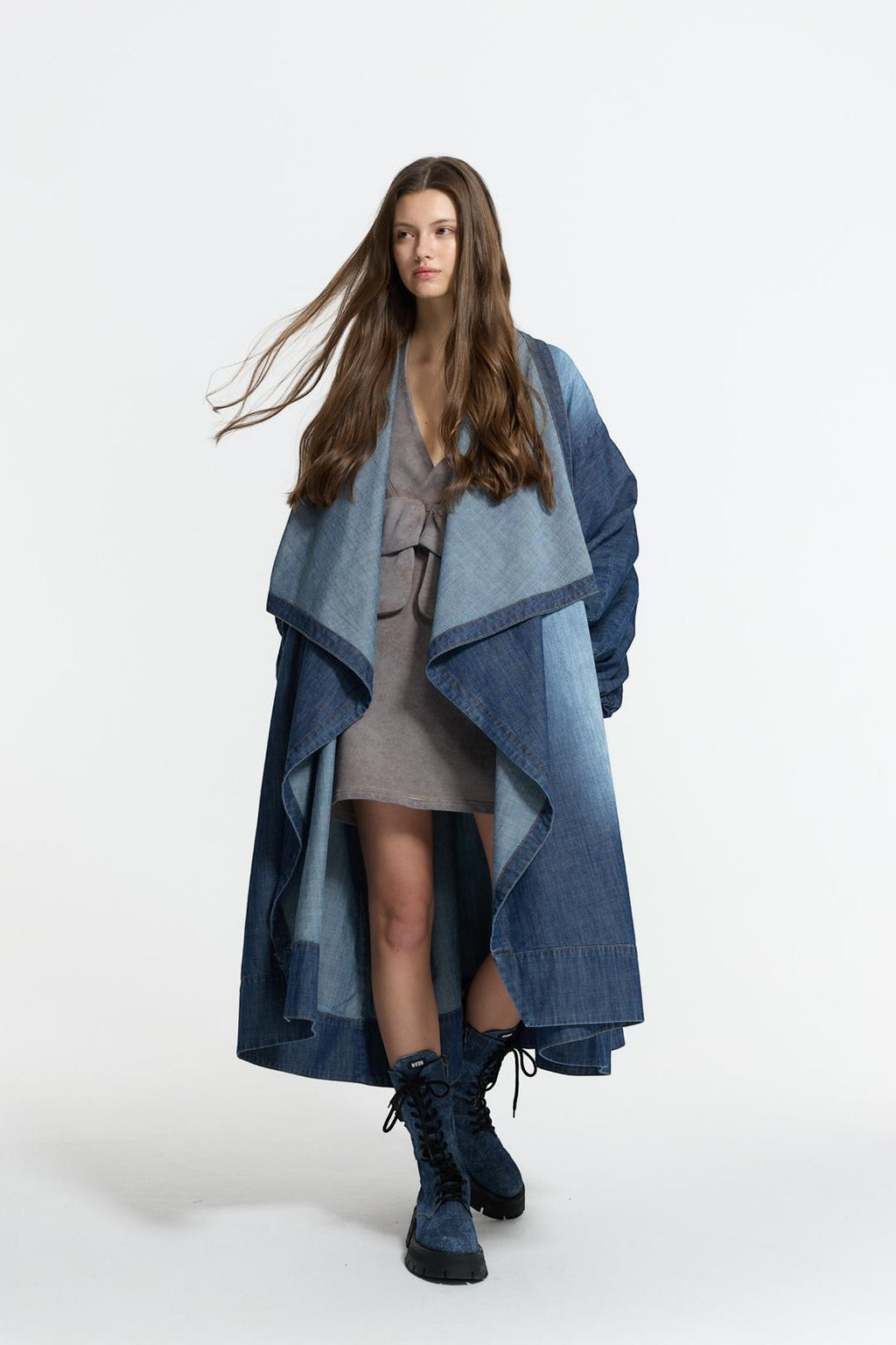Day One Concept Store women's maxi denim duster coat with cascading waterfall collar and ombre blue wash.