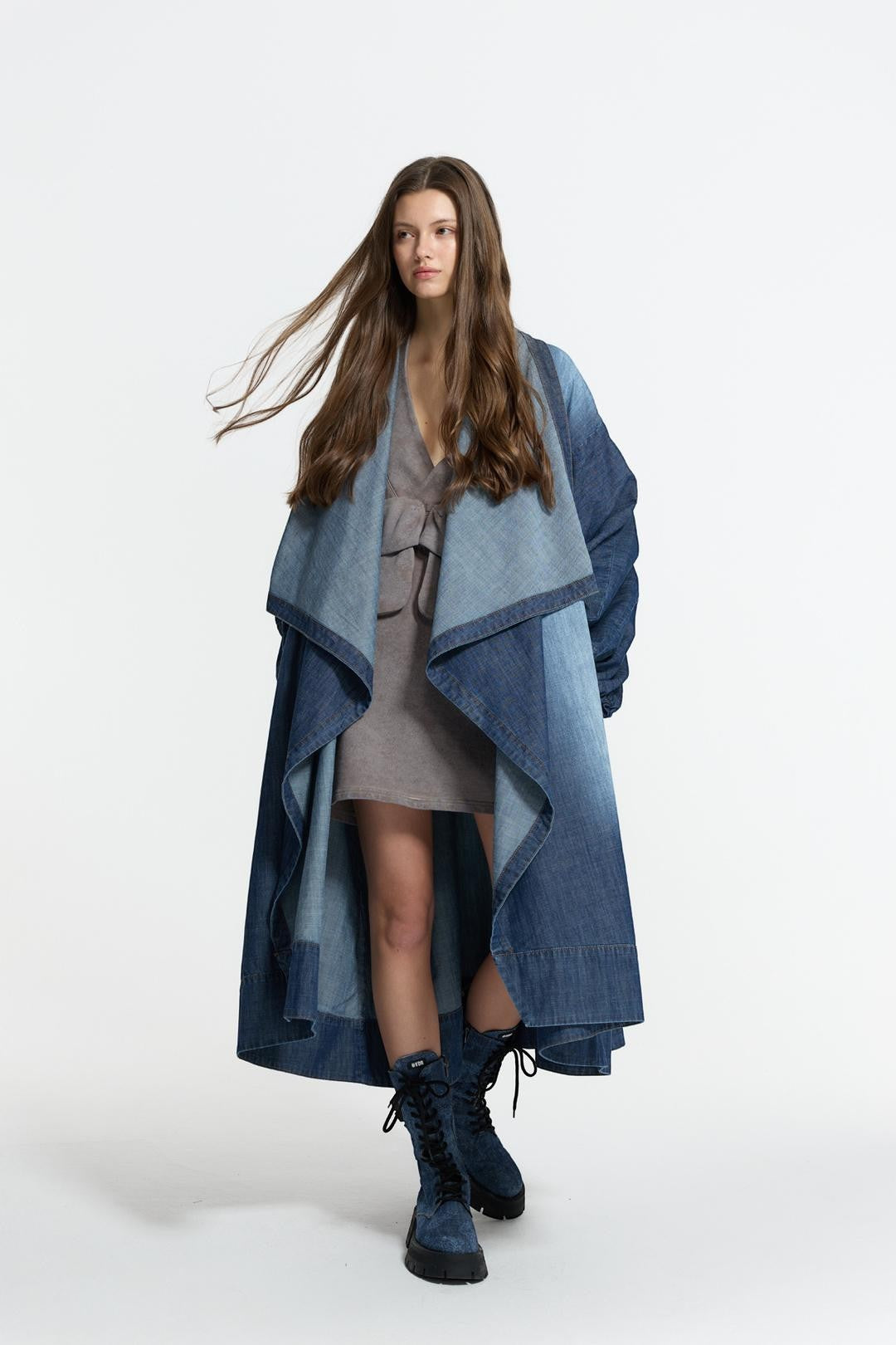 Day One Concept Store women's maxi denim duster coat with cascading waterfall collar and ombre blue wash.