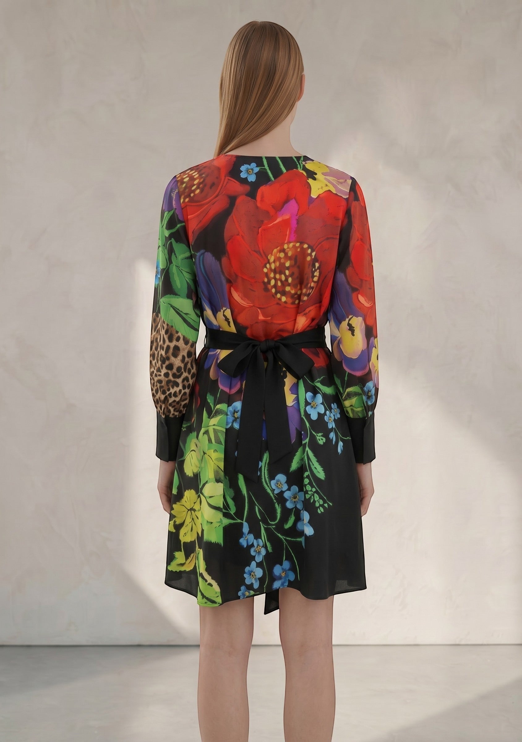 Day One Concept Store mixed print wrap dress with floral and leopard patterns, V-neck, and tie belt.