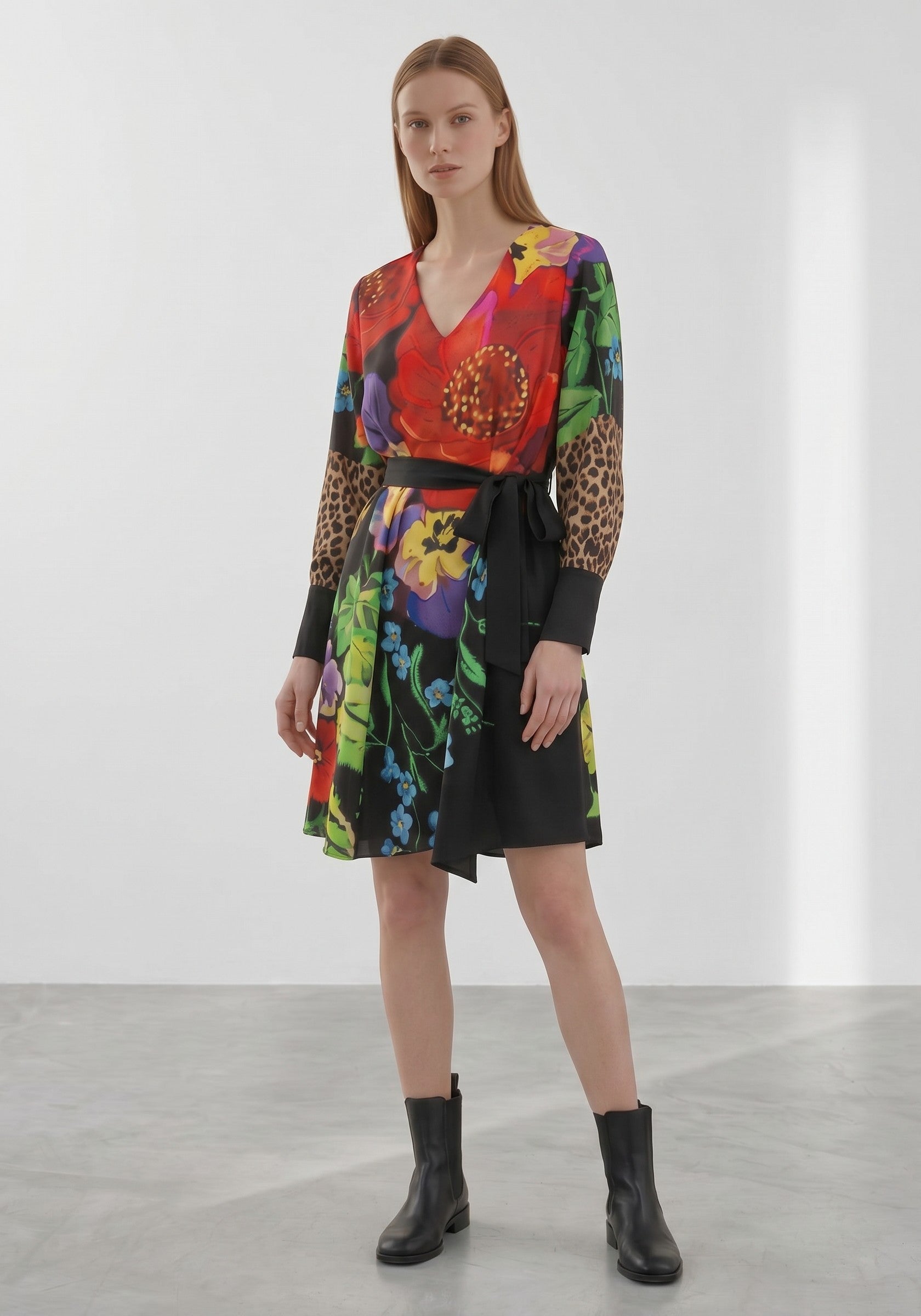Day One Concept Store mixed print wrap dress with floral and leopard patterns, V-neck, and tie waist.