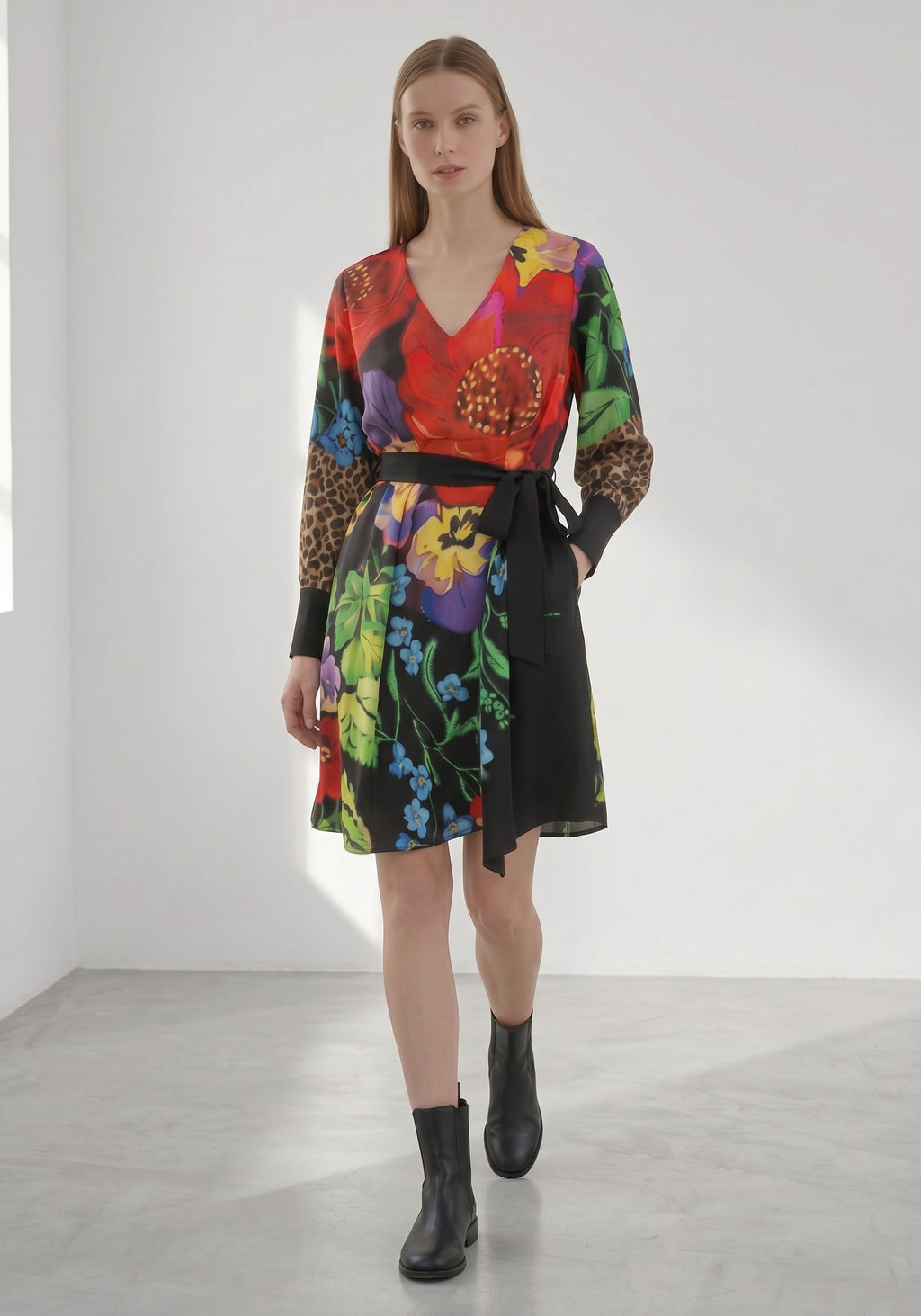 Day One Concept Store mixed print wrap dress with floral and leopard patterns, V-neck, long sleeves, and tie belt.