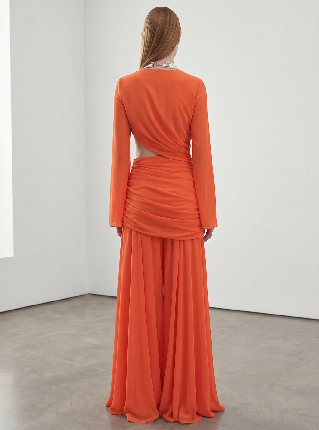 Day One Concept Store orange chiffon maxi dress with deep V-neck, bell sleeves, and ruched waist detail.