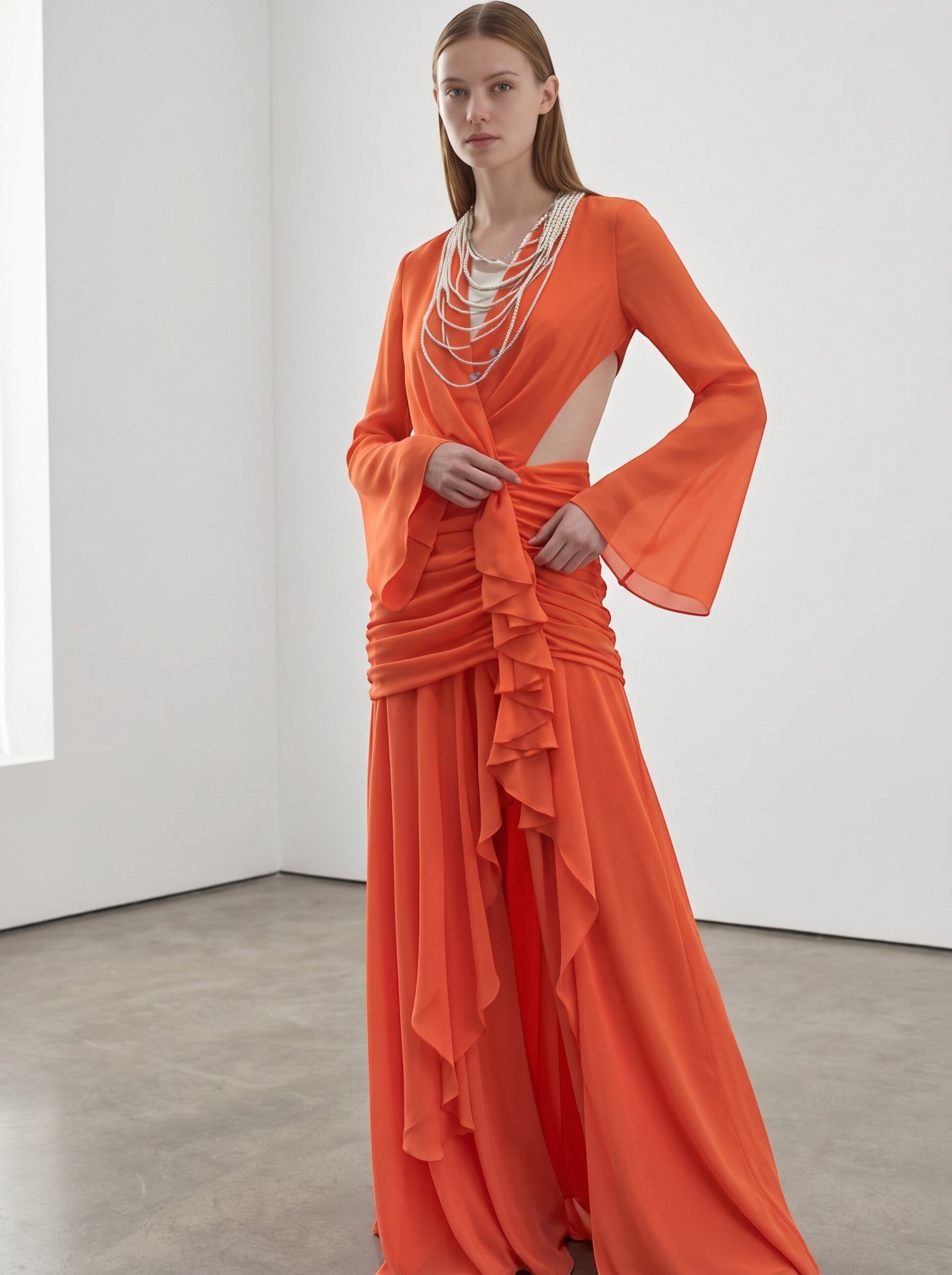 Day One Concept Store orange burnt long dress with deep neckline, bell sleeves, matching belt, and thigh-high slit.