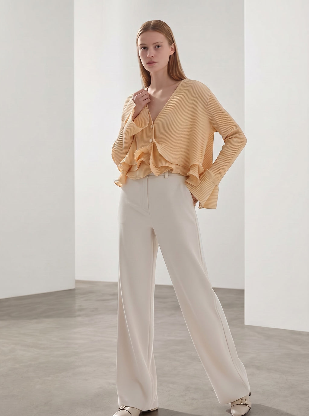 Day One Concept Store peach pleated V-neck blouse with pearl buttons and tiered ruffle hem.