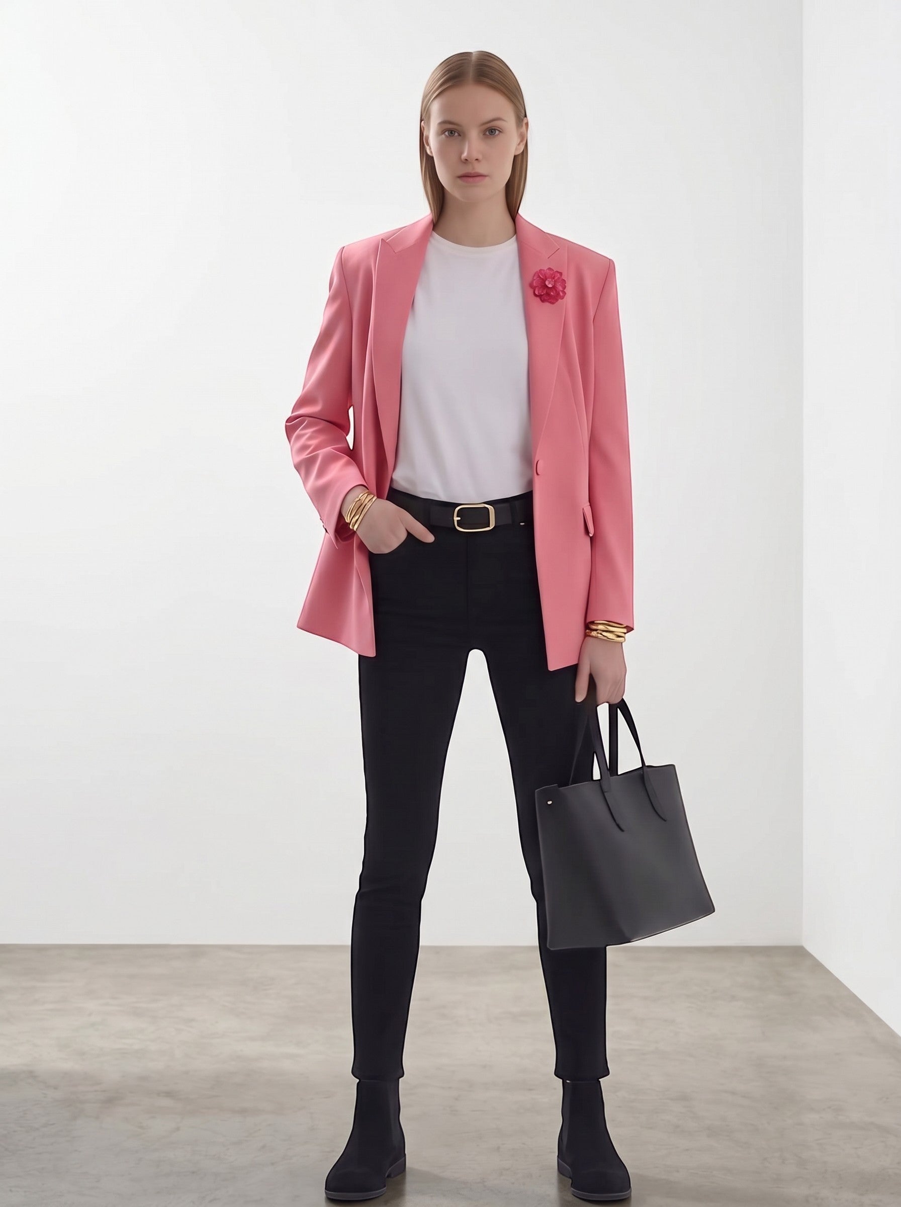 Day One Concept Store pink single-breasted blazer with single button closure and floral brooch detail.