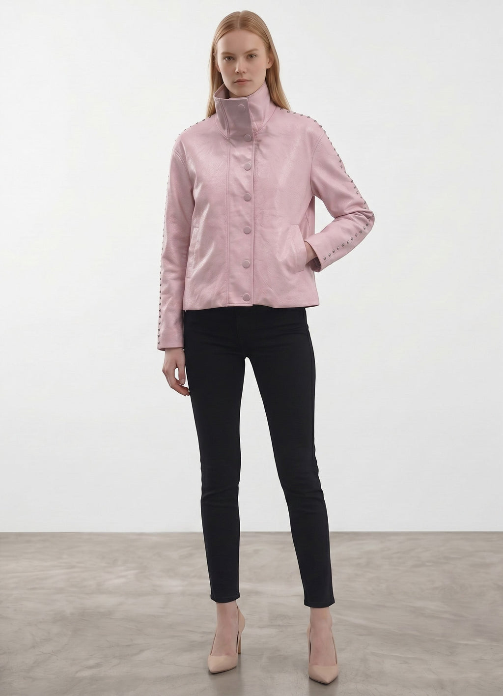 Day One Concept Store pink faux leather cropped jacket with studded sleeves and high collar