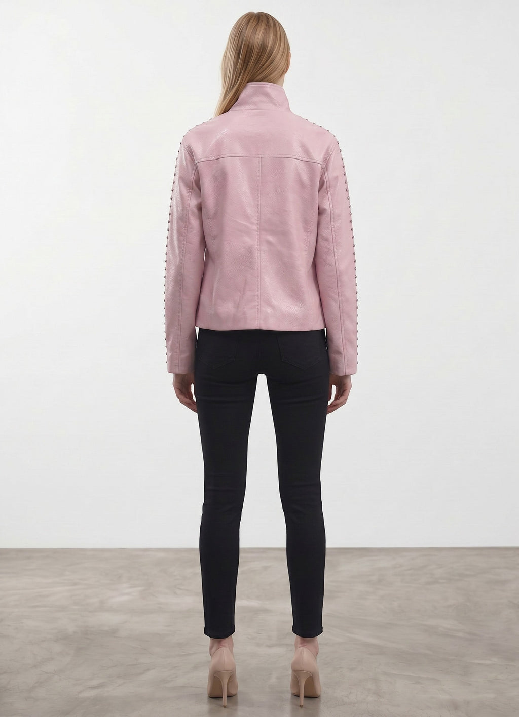 Day One Concept Store pink faux leather cropped jacket with studded sleeves and high collar