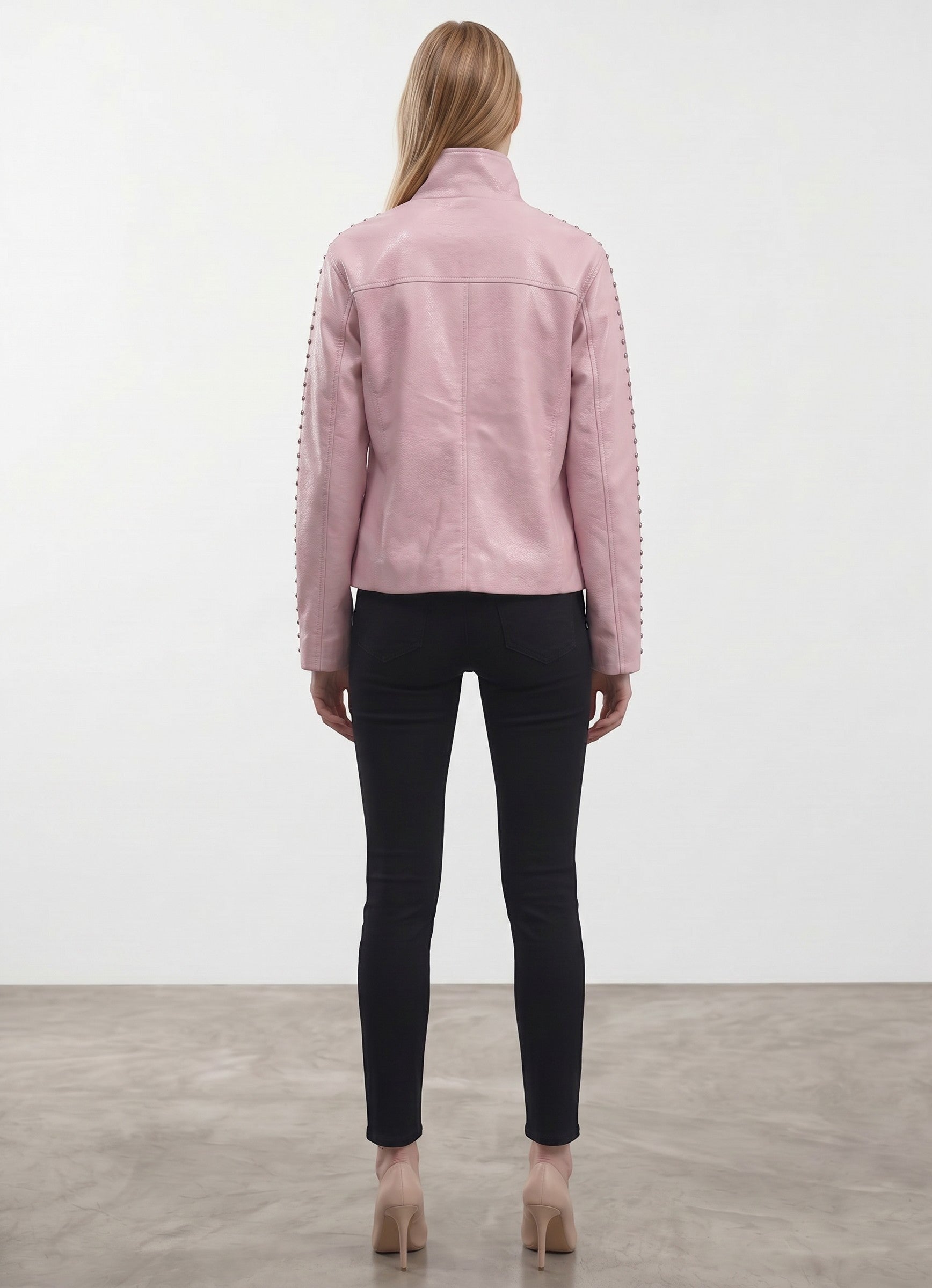 Day One Concept Store pink faux leather cropped jacket with studded sleeves and high collar