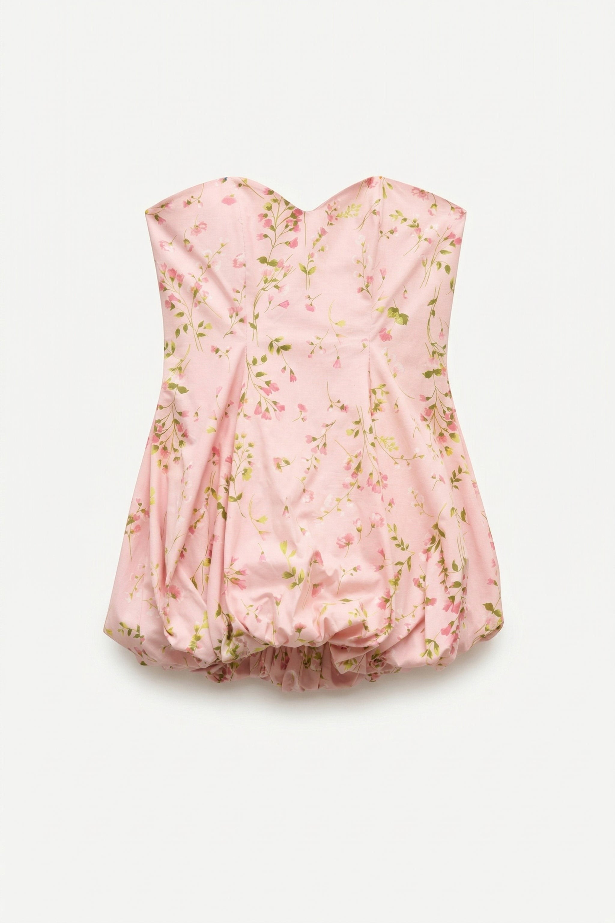 Day One Concept Store pink satin strapless mini dress with sweetheart neckline, smocked bodice, and balloon hem, featuring a delicate floral print.