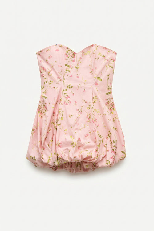 Day One Concept Store pink satin strapless mini dress with sweetheart neckline, smocked bodice, and balloon hem, featuring a delicate floral print.