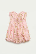 Day One Concept Store pink floral print strapless bustier mini dress with smocked bodice and balloon hem.