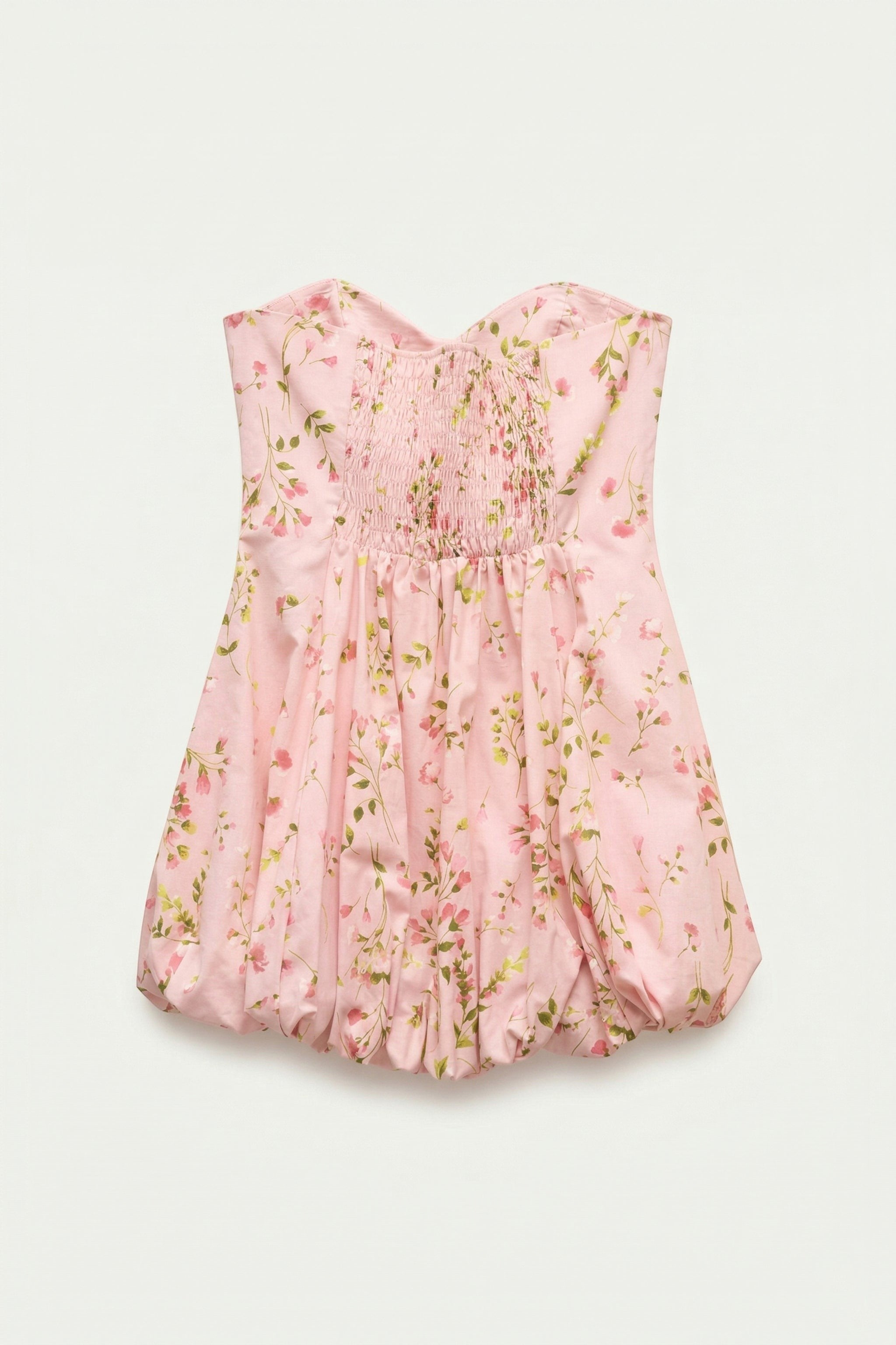 Day One Concept Store pink floral print strapless bustier mini dress with smocked bodice and balloon hem.