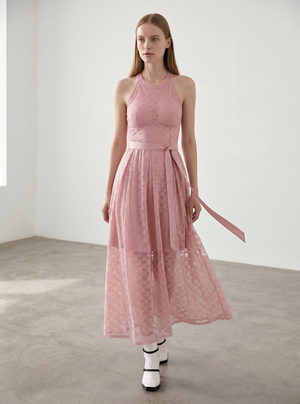 Day One Concept Store pink lace halter neck long dress with fluid skirt and sheer bodice. Perfect for ceremonies and evening events.