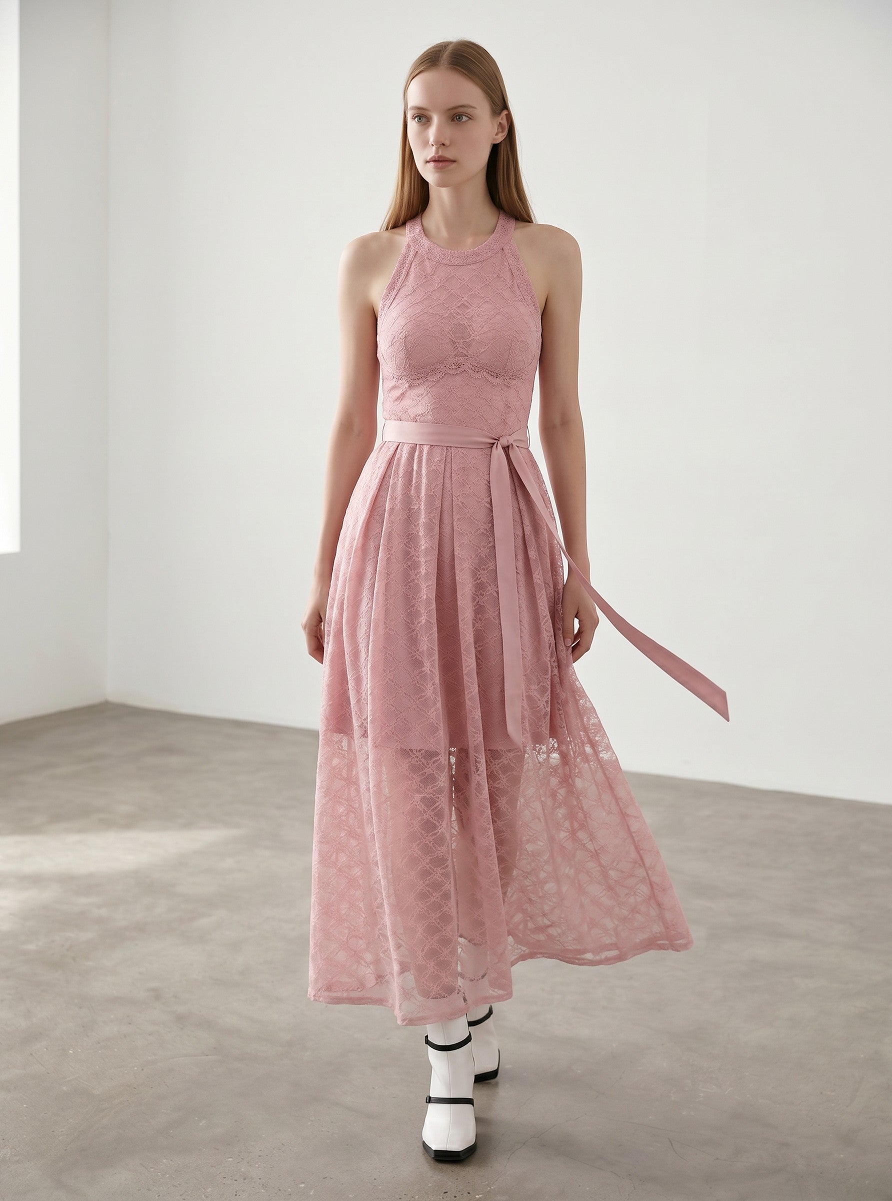 Day One Concept Store pink lace halter neck long dress with fluid skirt and sheer bodice. Perfect for ceremonies and evening events.