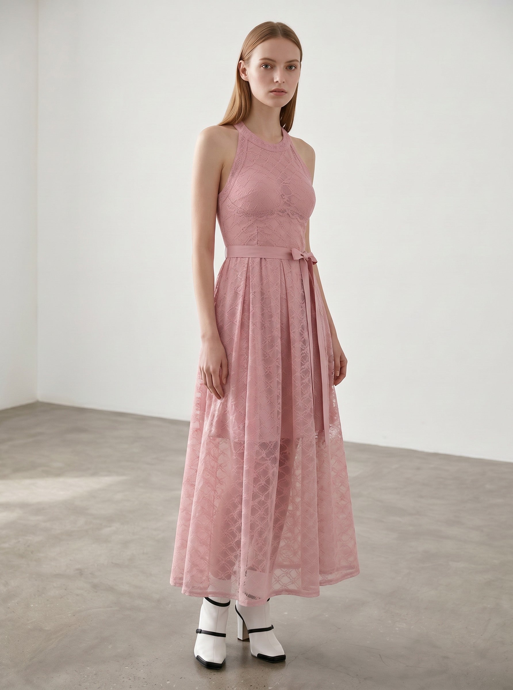 Day One Concept Store pink lace halter neck maxi dress with fluid skirt and sheer bodice detail.
