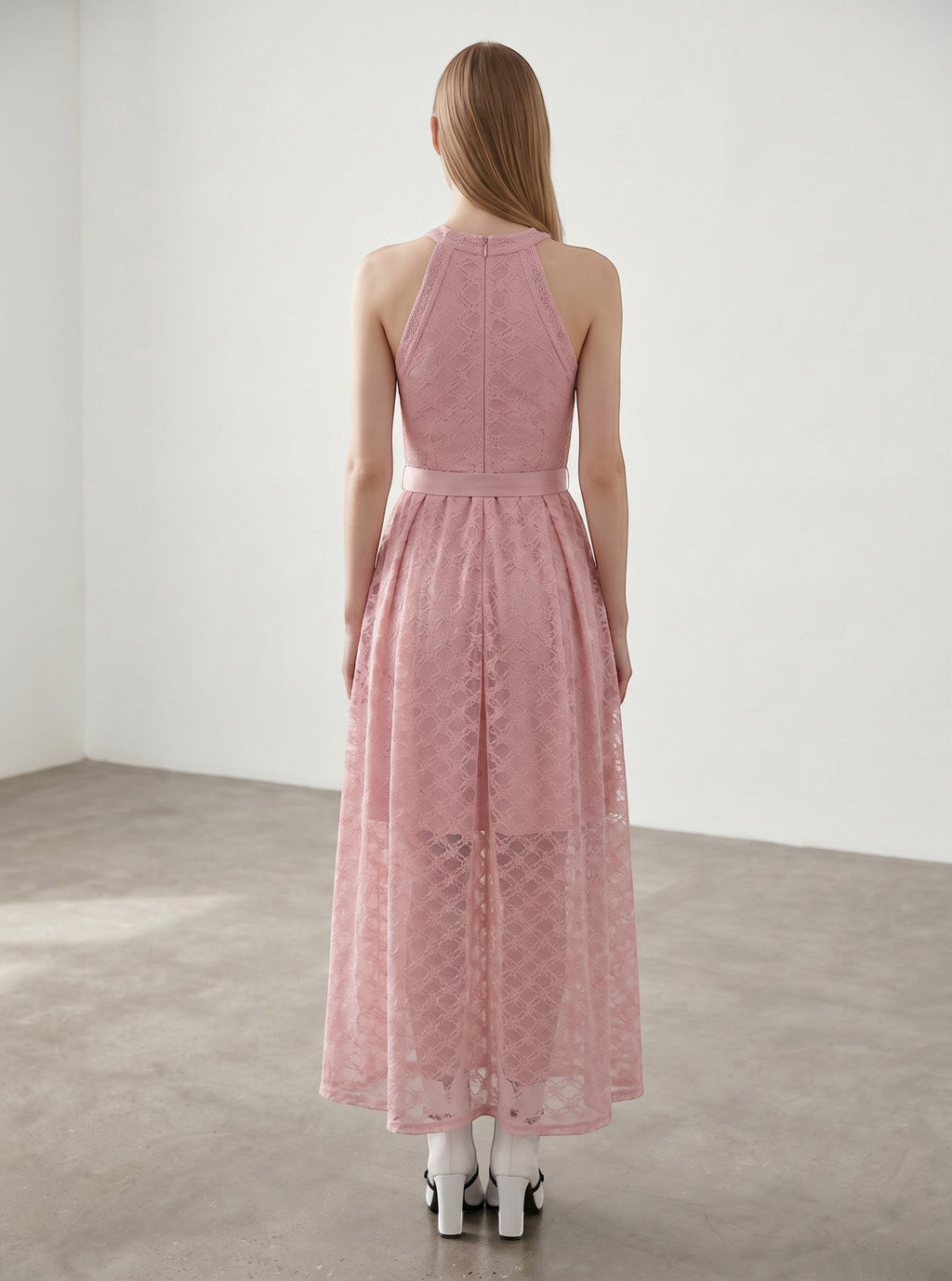 Day One Concept Store pink lace halter neck maxi dress with a flowing skirt and sheer bodice detail. Perfect for formal events.
