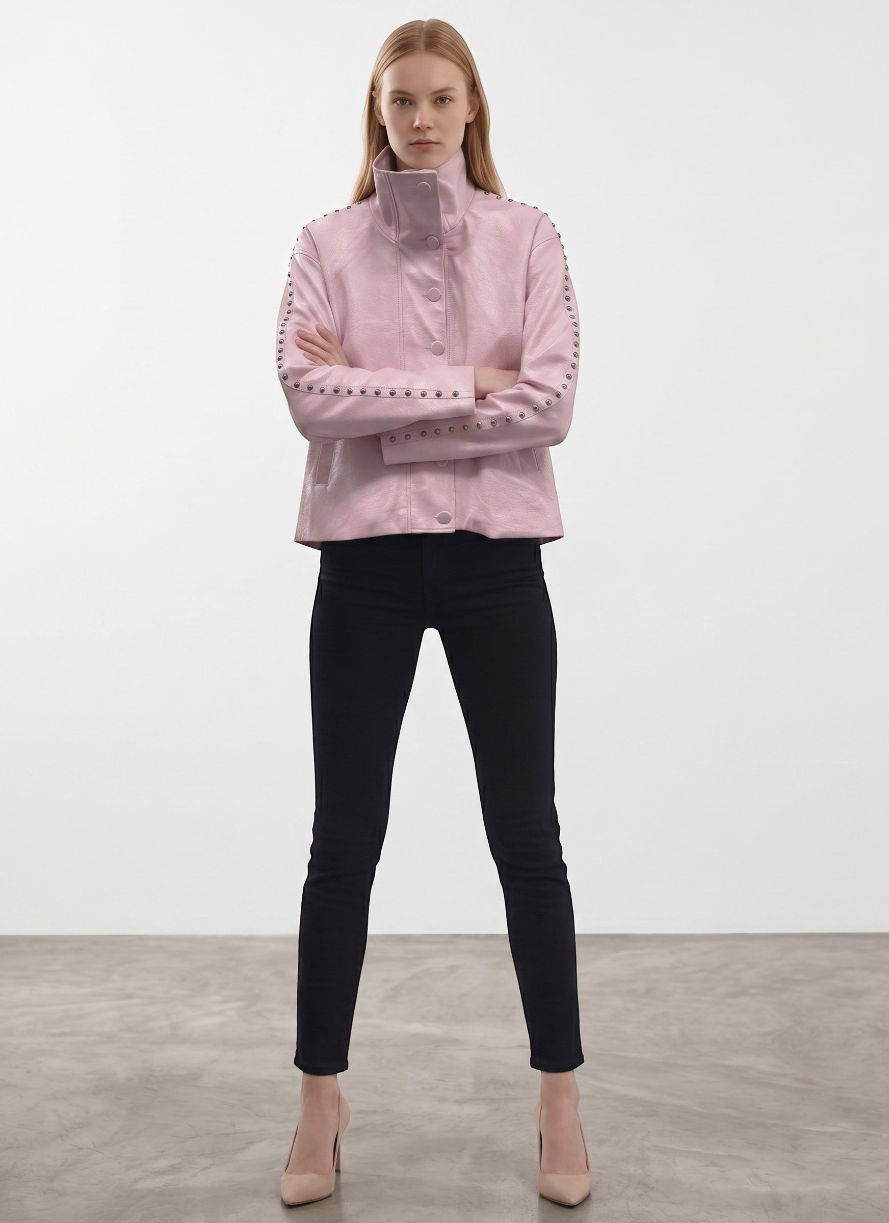 Day One Concept Store pink cropped ecopelle jacket with studded sleeves and high collar