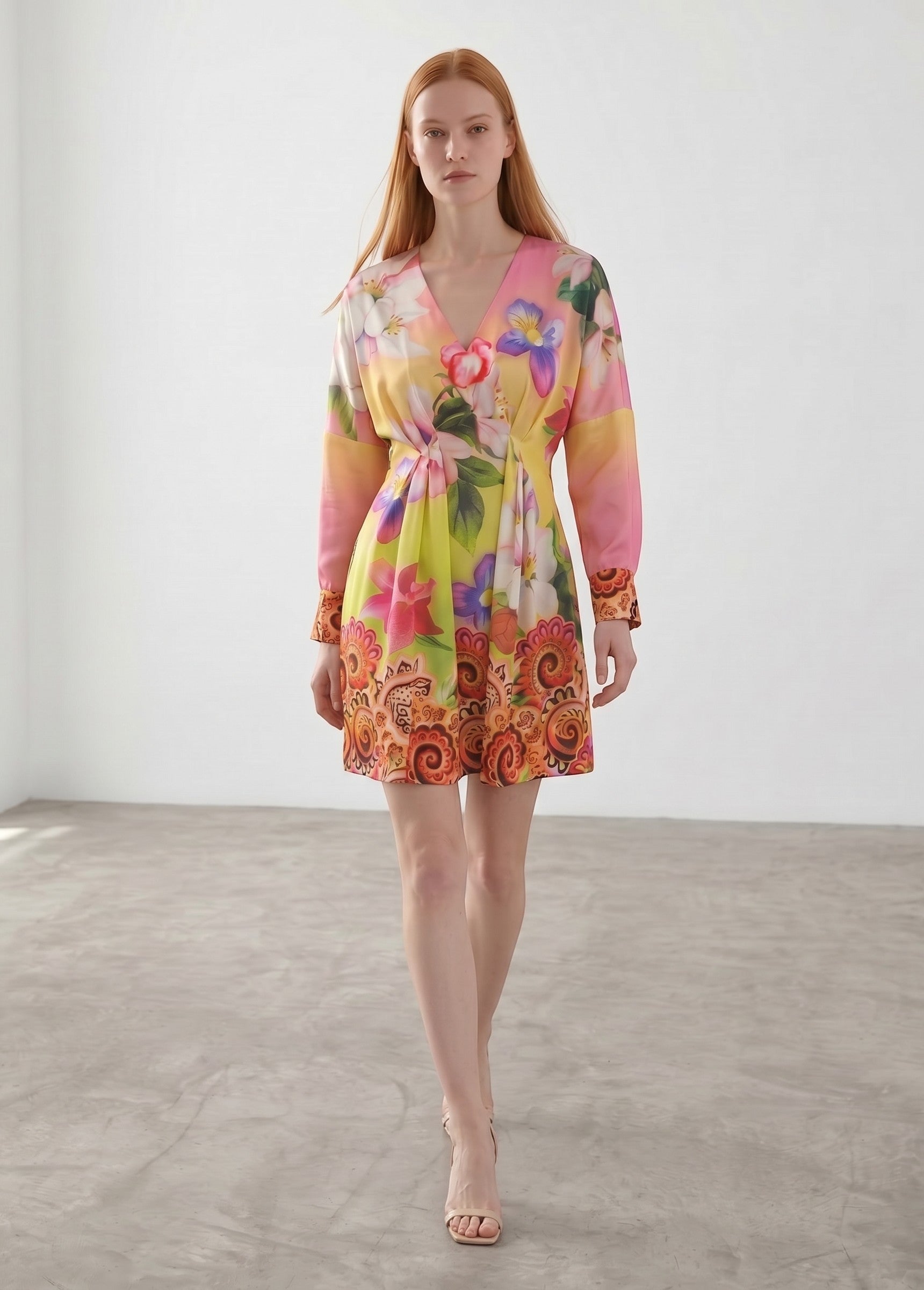 Day One Concept Store yellow floral print V-neck mini dress with paisley border. Model wears dress with long sleeves and cinched waist.